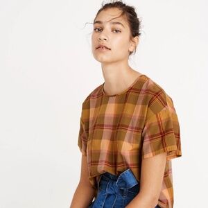 Madewell Boxy Button-Back Top in Plaid, Madras Spiced Olive, Size XL